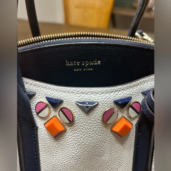 KATE SPADE MARGAUX JEWELED MEDIUM LEATHER PURSE White & Navy satchel/cro… - Picture 8 of 16